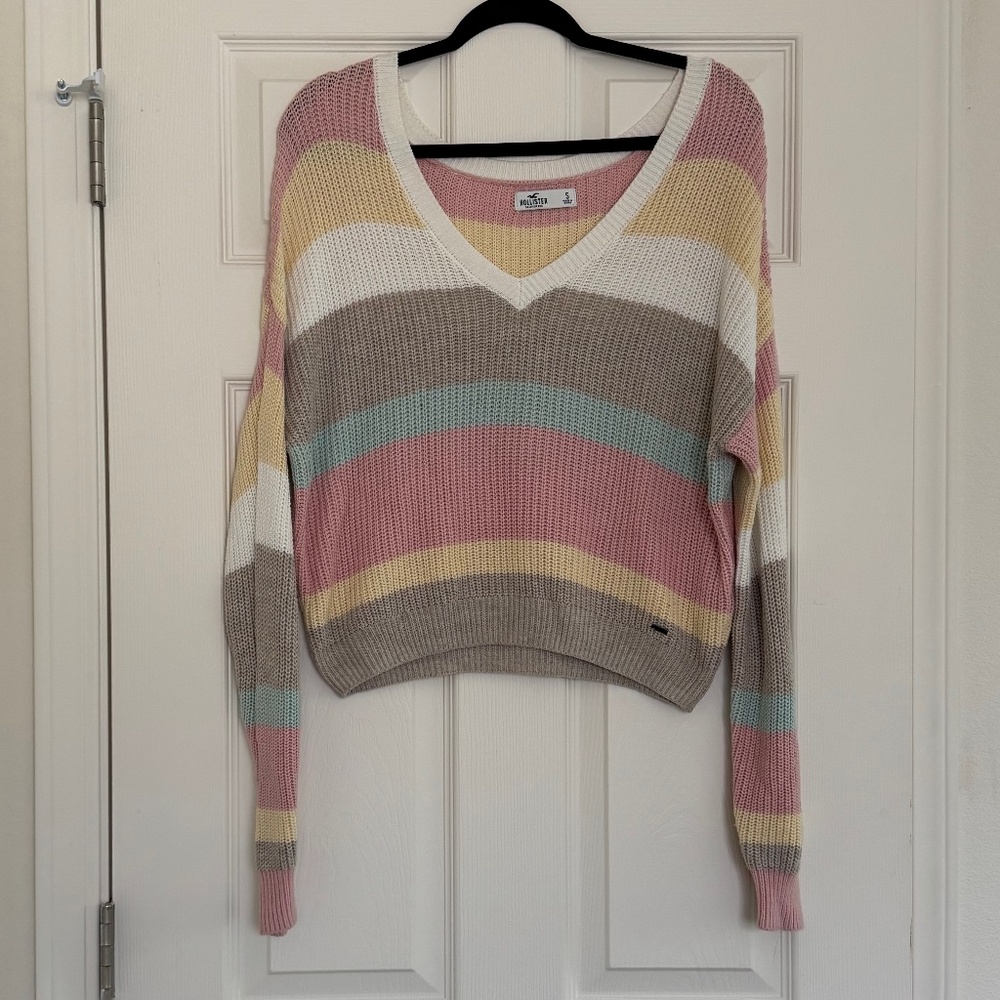 Hollister Sweater Long Sleeve V Neck Multicolor Pastel Stripe Women's Size S